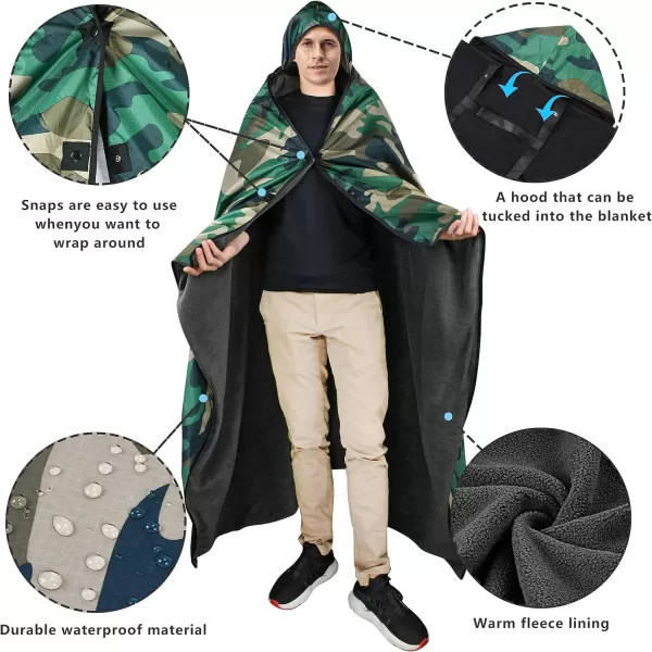 Catalonia Waterproof Blanket for Outdoor Hooded Blanket Poncho Windproof Warm for StadiumSporting Events CampingCamo  Black