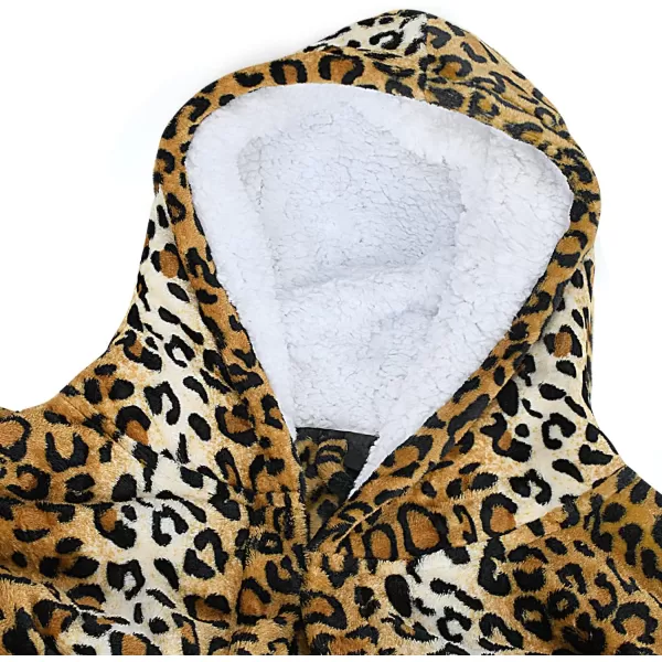 Catalonia Womens Plush Fleece Long Robe with Hood Warm Comfy Fluffy Bathrobe CheetahOne Size Cheetah