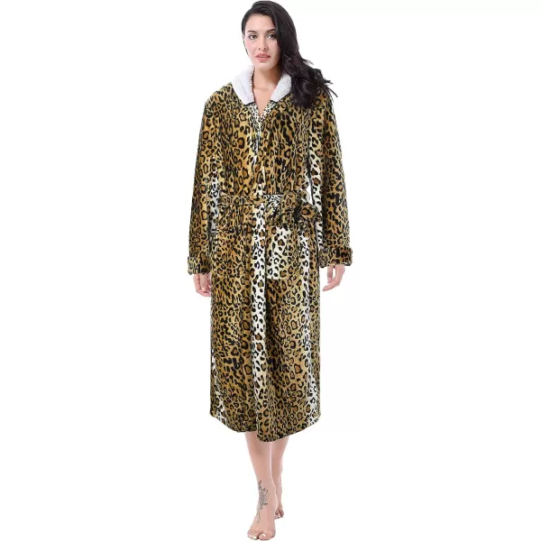 Catalonia Womens Plush Fleece Long Robe with Hood Warm Comfy Fluffy Bathrobe CheetahOne Size Cheetah