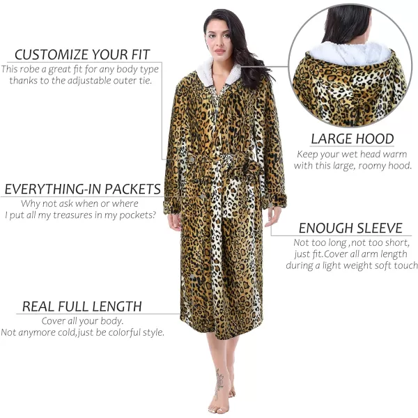 Catalonia Womens Plush Fleece Long Robe with Hood Warm Comfy Fluffy Bathrobe CheetahOne Size Cheetah