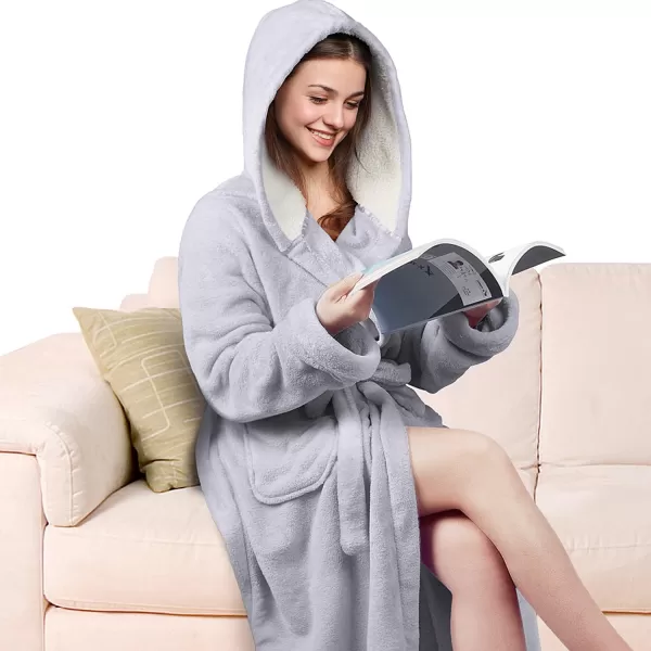 Catalonia Womens Plush Fleece Long Robe with Hood Warm Comfy Fluffy Bathrobe CheetahOne Size Grey