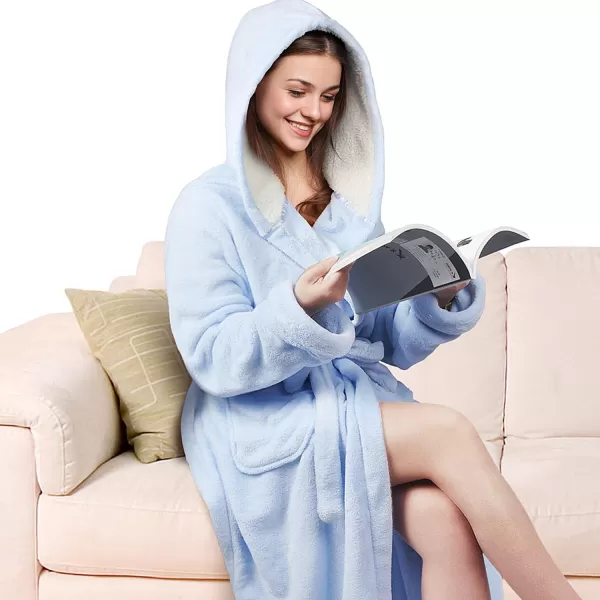 Catalonia Womens Plush Long Robe Shawlcollar Warm Comfy Fluffy Bathrobe Gift for HerLight Blue