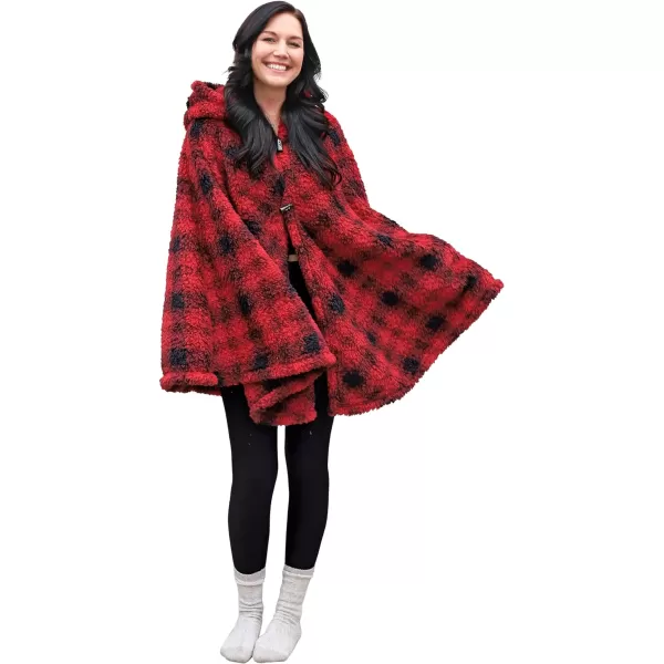 Catalonia Womens Poncho Cape Sherpa Fleece Cloak Coat Snuggly Hooded Wearable Blanket Gift Idea for Mom and Teen GirlsHooded Poncho Plaid Red