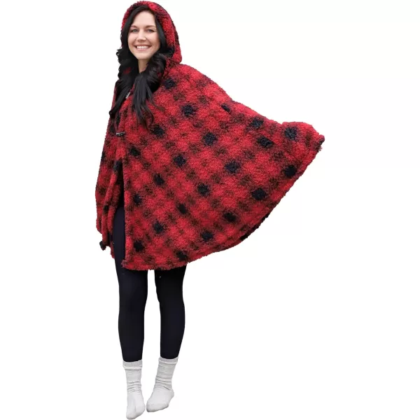 Catalonia Womens Poncho Cape Sherpa Fleece Cloak Coat Snuggly Hooded Wearable Blanket Gift Idea for Mom and Teen GirlsHooded Poncho Plaid Red