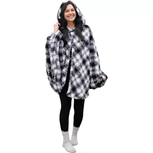 Catalonia Womens Poncho Cape Sherpa Fleece Cloak Coat Snuggly Hooded Wearable Blanket Gift Idea for Mom and Teen GirlsHooded Poncho Plaid White