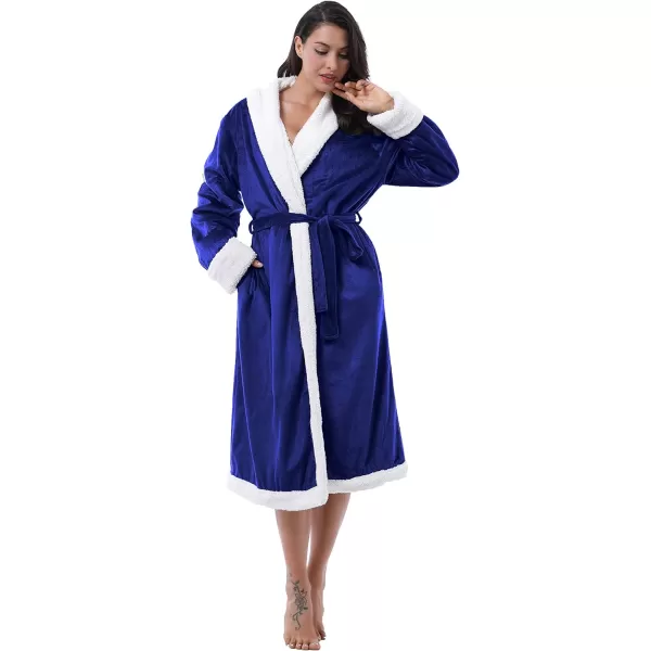 Catalonia Womens Sherpa BathrobeSoft Warm Fleece Long RobeShawl CollarComfyFull LengthBlue