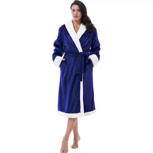 Catalonia Womens Sherpa BathrobeSoft Warm Fleece Long RobeShawl CollarComfyFull LengthBlue