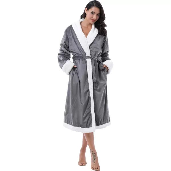 Catalonia Womens Sherpa BathrobeSoft Warm Fleece Long RobeShawl CollarComfyFull LengthGray