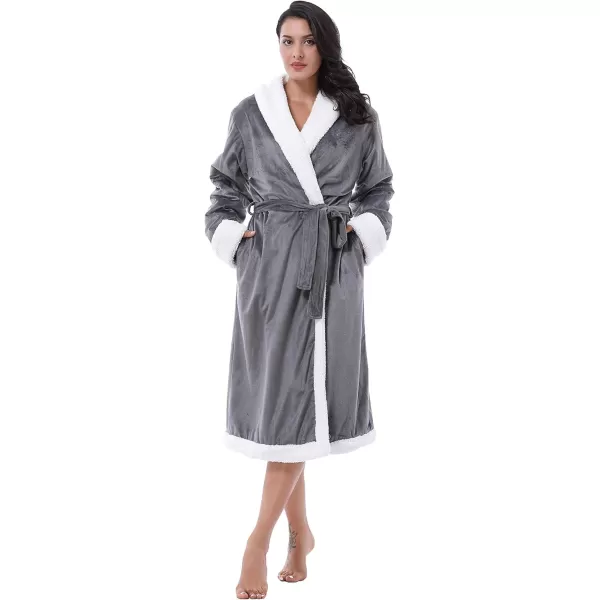 Catalonia Womens Sherpa BathrobeSoft Warm Fleece Long RobeShawl CollarComfyFull LengthGray