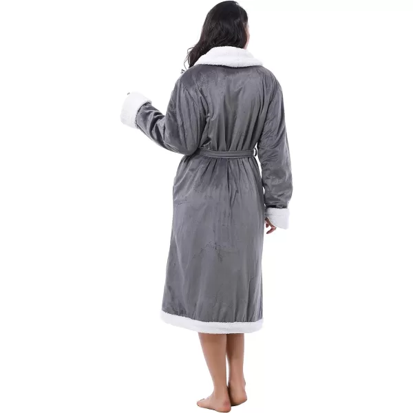 Catalonia Womens Sherpa BathrobeSoft Warm Fleece Long RobeShawl CollarComfyFull LengthGray