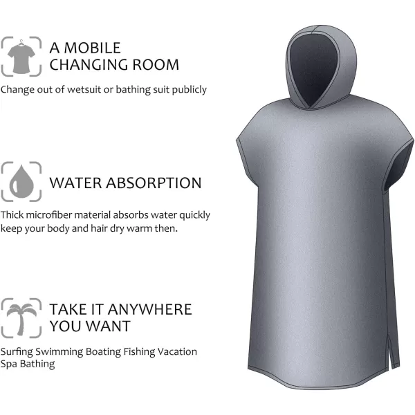 Surf Poncho Changing Towel Robe for Adults Men Women Hooded Wetsuit Change Poncho for Surfing Swimming Bathing Water Absorbent OversizedGrey