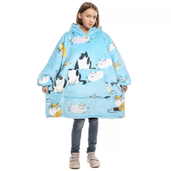 Catalonia Blanket Hoodie for Kids Oversized Wearable Sherpa Sweatshirt Pullover for Teens Youth Gift IdeaBlue Cat Kids