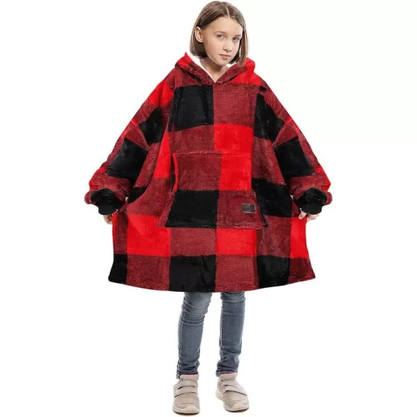 Catalonia Blanket Hoodie for Kids Oversized Wearable Sherpa Sweatshirt Pullover for Teens Youth Gift IdeaRed Plaid Kids