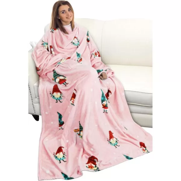 Catalonia Burrito Wearable Blanket with Sleeves and Pocket Soft Comfy Fleece Snuggy Wrap Throws Blanket Robe for Women and MenChristmas Elf Pink