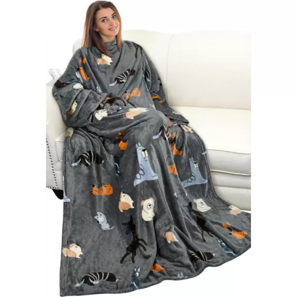 Catalonia Burrito Wearable Blanket with Sleeves and Pocket Soft Comfy Fleece Snuggy Wrap Throws Blanket Robe for Women and MenGray Dog