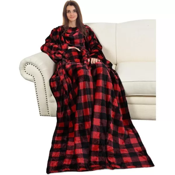 Catalonia Burrito Wearable Blanket with Sleeves and Pocket Soft Comfy Fleece Snuggy Wrap Throws Blanket Robe for Women and MenRed Black Checker