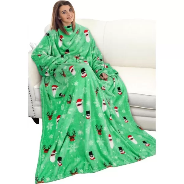 Catalonia Burrito Wearable Blanket with Sleeves and Pocket Soft Comfy Fleece Snuggy Wrap Throws Blanket Robe for Women and MenSanta and Deer Green