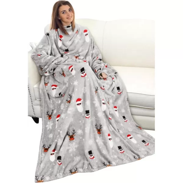 Catalonia Burrito Wearable Blanket with Sleeves and Pocket Soft Comfy Fleece Snuggy Wrap Throws Blanket Robe for Women and MenSanta and Deer Grey