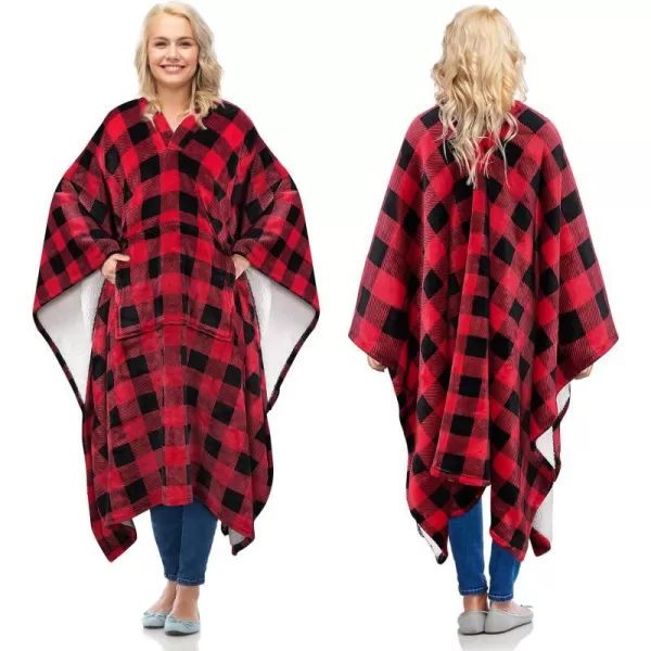 Catalonia Cow Print Sherpa Wearable Blanket Poncho for Adult Women Men Wrap Blanket Cape with Pocket Warm Soft Cozy Snuggly Comfort GiftSherpa Lining Red Checker