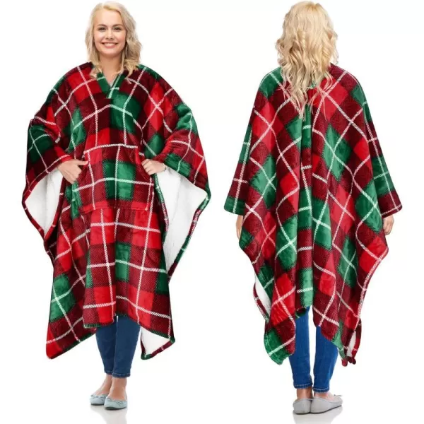 Catalonia Cow Print Sherpa Wearable Blanket Poncho for Adult Women Men Wrap Blanket Cape with Pocket Warm Soft Cozy Snuggly Comfort GiftSherpa Lining Red Plaid