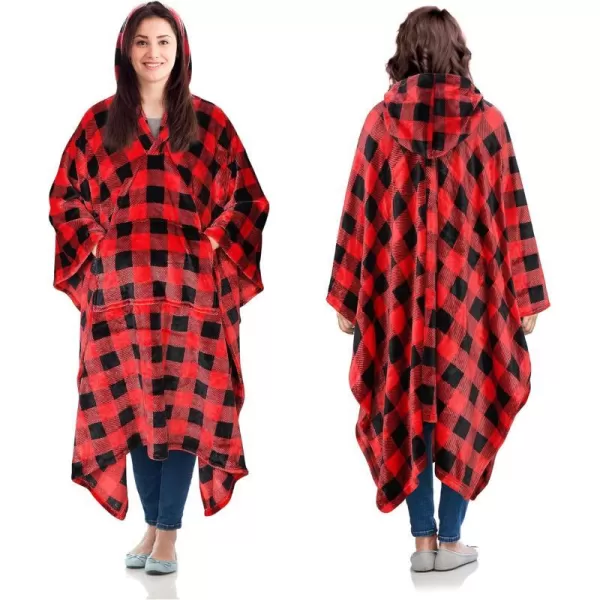 Catalonia Hooded Wearable Blanket Poncho for Adult Women Men Fleece Wrap Blanket Cape with Hood  Warm Soft Cozy Snuggly  Comfort Gift No SleevesFleece Hooded Red Checker