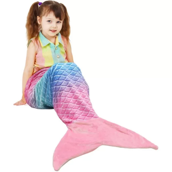 Catalonia Kids Mermaid Tail Blanket Super Soft Plush Flannel Sleeping Snuggle Blanket for Girls Rainbow Tiedye Fish Scale Pattern Gift IdeaRainbow Ombre Pink Tail