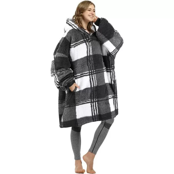 Catalonia Oversized Blanket Hoodie Sweatshirt Wearable Sherpa Lounging Pullover for Adults Women MenBuffalo Plaid Black