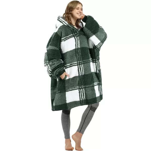 Catalonia Oversized Blanket Hoodie Sweatshirt Wearable Sherpa Lounging Pullover for Adults Women MenBuffalo Plaid Green