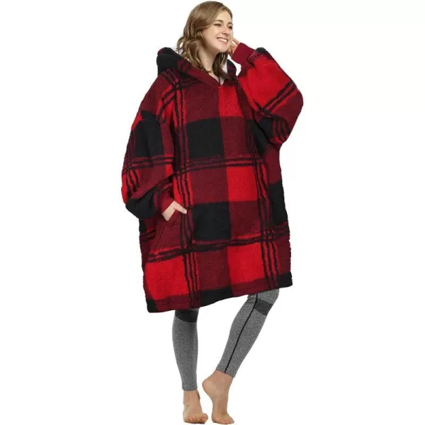 Catalonia Oversized Blanket Hoodie Sweatshirt Wearable Sherpa Lounging Pullover for Adults Women MenBufflo Plaid Red