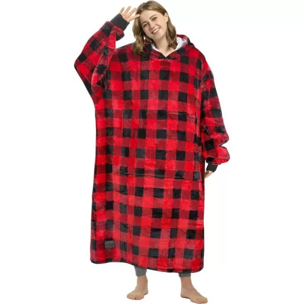 Catalonia Oversized Blanket Hoodie Sweatshirt Wearable Sherpa Lounging Pullover for Adults Women MenRed Checkeredextra Long