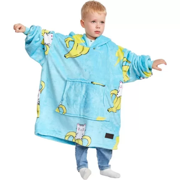 Catalonia Oversized Blanket Hoodie for Kids Wearable Fleece Sweatshirt Pullover with Large Front Pocket 412 Years Boy GirlBanana Cat Blue