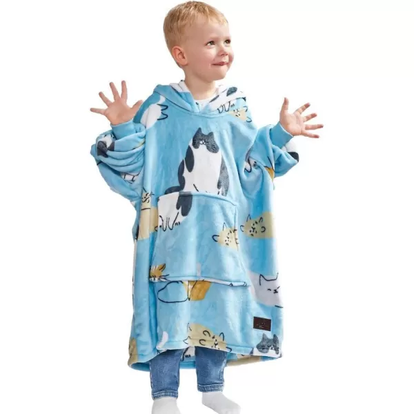 Catalonia Oversized Blanket Hoodie for Kids Wearable Fleece Sweatshirt Pullover with Large Front Pocket 412 Years Boy GirlCat Blue