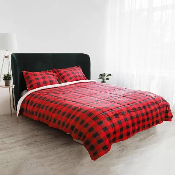 Catalonia Queen Size Sherpa Comforter Set UltraSoft Reversible Fluffy Micromink Bedding Set3 Pieces 1 Comforter and 2 Pillow ShamsKing Plaid Red