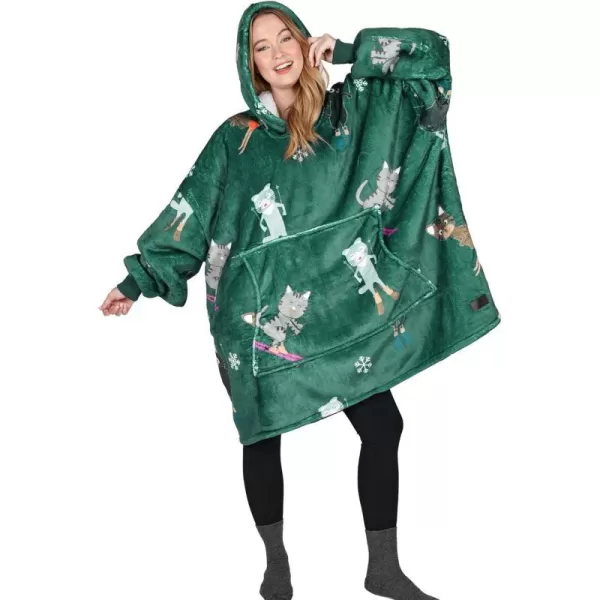 Catalonia Ribbit Deer Print Oversized Hoodie Blanket Sweatshirt Wearable Sherpa Giant Pullover for Adults Men Women Teenagers Wife Girlfriend GiftOne Size Ski Cat Green