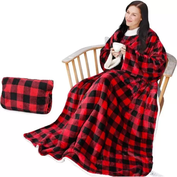 Catalonia Sherpa Wearable Blanket with Sleeves Arms Super Soft Snuggly Body Blanket for Adult Women and Men Portable Gift for HerPlaid Red