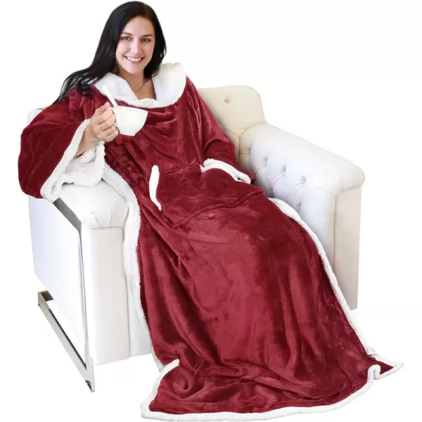 Catalonia Sherpa Wearable Blanket with Sleeves Arms Super Soft Warm Comfy Large Fleece Plush Sleeved TV Throws Wrap Robe Blanket for Adult Women and MenKangaroo Front Pocket Wine