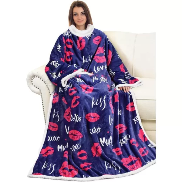 Catalonia Sherpa Wearable Blanket with Sleeves Arms Super Soft Warm Comfy Large Fleece Plush Sleeved TV Throws Wrap Robe Blanket for Adult Women and MenStandard Pocket Kiss Dark Blue