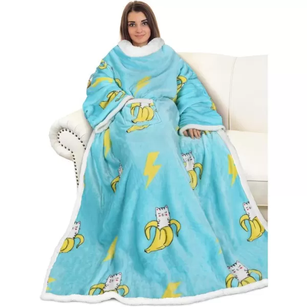 Catalonia Sherpa Wearable Blanket with Sleeves Arms Super Soft Warm Comfy Large Fleece Plush Sleeved TV Throws Wrap Robe Blanket for Adult Women and MenStandard Pocket Banana Cat Blue