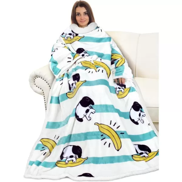 Catalonia Sherpa Wearable Blanket with Sleeves Arms Super Soft Warm Comfy Large Fleece Plush Sleeved TV Throws Wrap Robe Blanket for Adult Women and MenStandard Pocket Banana Dog White