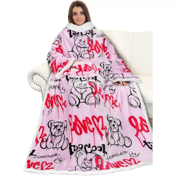 Catalonia Sherpa Wearable Blanket with Sleeves Arms Super Soft Warm Comfy Large Fleece Plush Sleeved TV Throws Wrap Robe Blanket for Adult Women and MenStandard Pocket Graffiti Bear Pink