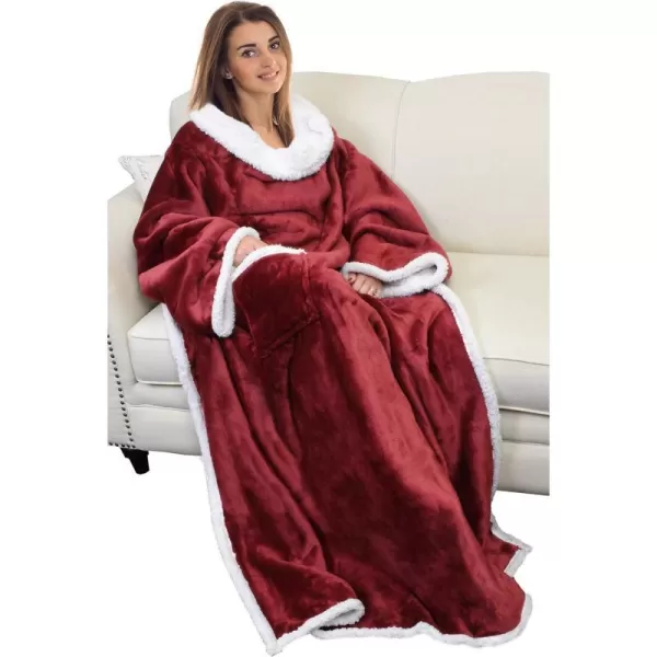 Catalonia Sherpa Wearable Blanket with Sleeves Arms Super Soft Warm Comfy Large Fleece Plush Sleeved TV Throws Wrap Robe Blanket for Adult Women and MenStandard Pocket Wine