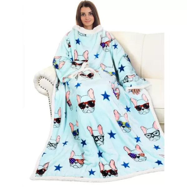 Catalonia Sherpa Wearable Blanket with Sleeves Arms Super Soft Warm Comfy Large Fleece Plush Sleeved TV Throws Wrap Robe Blanket for Adult Women and MenStandard Pocket 80s Dog Blue