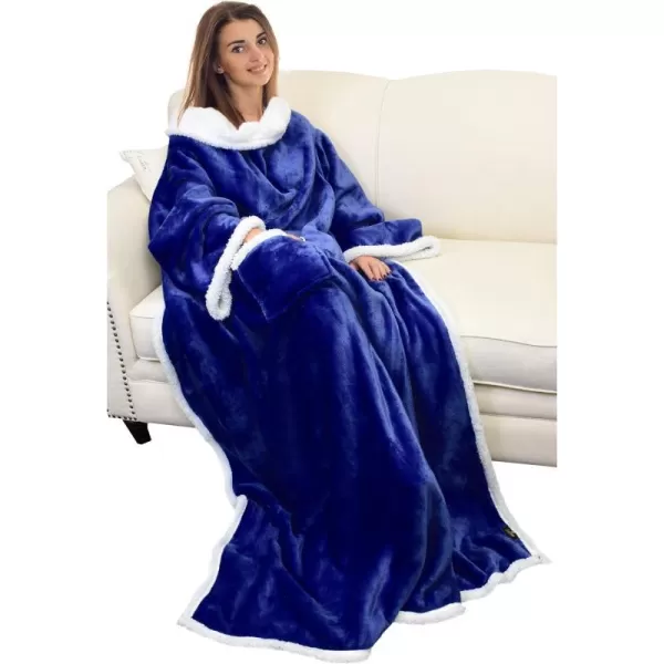 Catalonia Sherpa Wearable Blanket with Sleeves Arms Super Soft Warm Comfy Large Fleece Plush Sleeved TV Throws Wrap Robe Blanket for Adult Women and MenStandard Pocket Blue