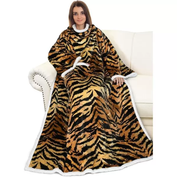 Catalonia Sherpa Wearable Blanket with Sleeves Arms Super Soft Warm Comfy Large Fleece Plush Sleeved TV Throws Wrap Robe Blanket for Adult Women and MenStandard Pocket Tiger