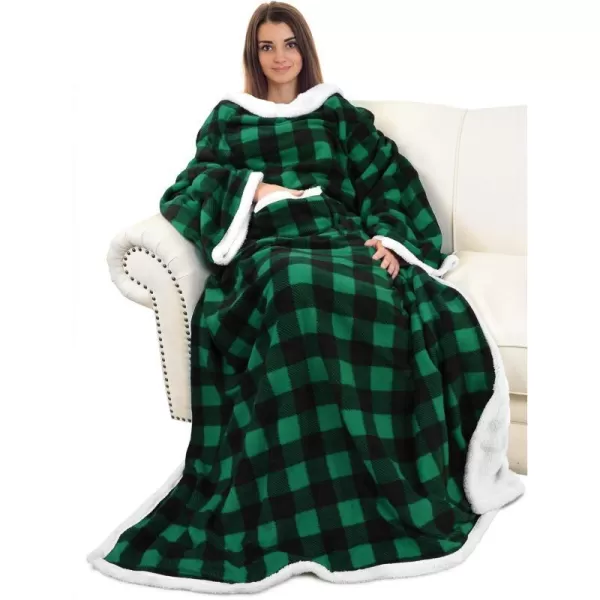 Catalonia Sherpa Wearable Blanket with Sleeves Arms Super Soft Warm Comfy Large Fleece Plush Sleeved TV Throws Wrap Robe Blanket for Adult Women and MenStandard Pocket Green Checker