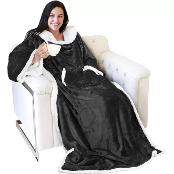 Catalonia Sherpa Wearable Blanket with Sleeves Arms Super Soft Warm Comfy Large Fleece Plush Sleeved TV Throws Wrap Robe Blanket for Adult Women and MenKangaroo Front Pocket Black