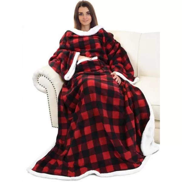 Catalonia Sherpa Wearable Blanket with Sleeves Arms Super Soft Warm Comfy Large Fleece Plush Sleeved TV Throws Wrap Robe Blanket for Adult Women and MenStandard Pocket Red Checker