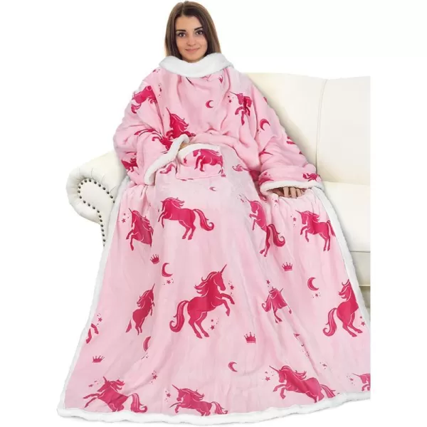 Catalonia Sherpa Wearable Blanket with Sleeves Arms Super Soft Warm Comfy Large Fleece Plush Sleeved TV Throws Wrap Robe Blanket for Adult Women and MenStandard Pocket Unicorn Pink