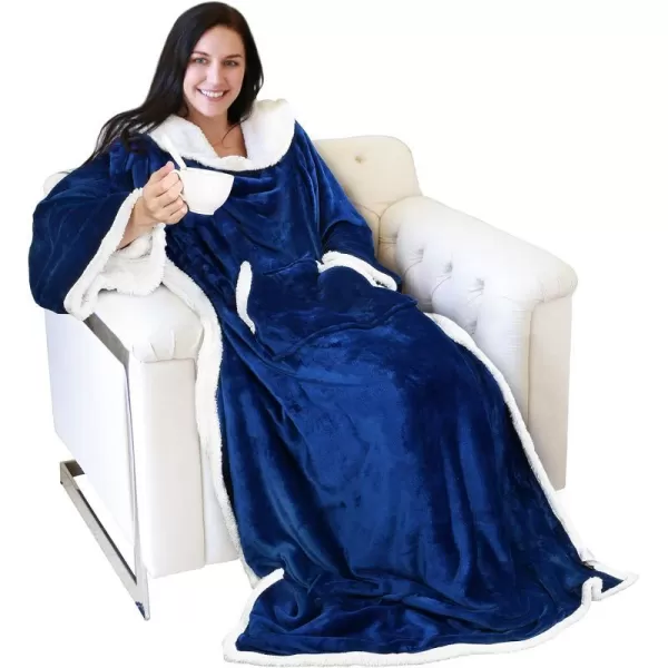 Catalonia Sherpa Wearable Blanket with Sleeves Arms Super Soft Warm Comfy Large Fleece Plush Sleeved TV Throws Wrap Robe Blanket for Adult Women and MenKangaroo Front Pocket Blue