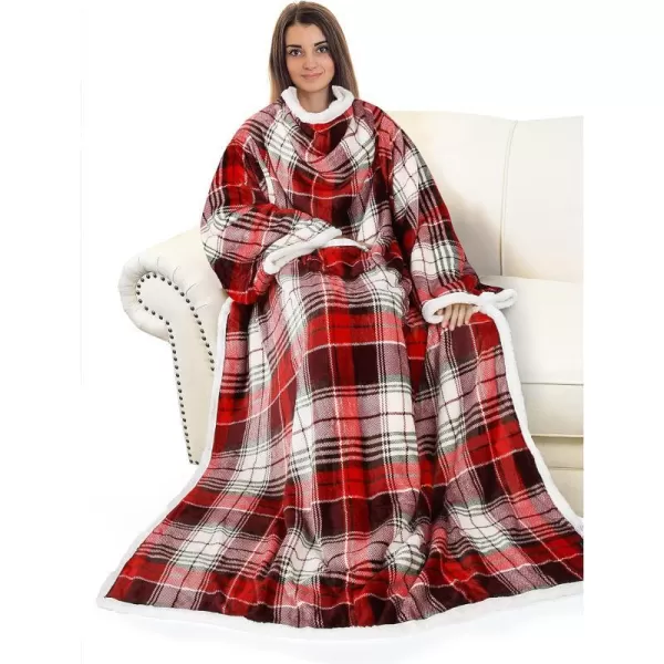 Catalonia Sherpa Wearable Blanket with Sleeves Arms Super Soft Warm Comfy Large Fleece Plush Sleeved TV Throws Wrap Robe Blanket for Adult Women and MenStandard Pocket Red Plaid